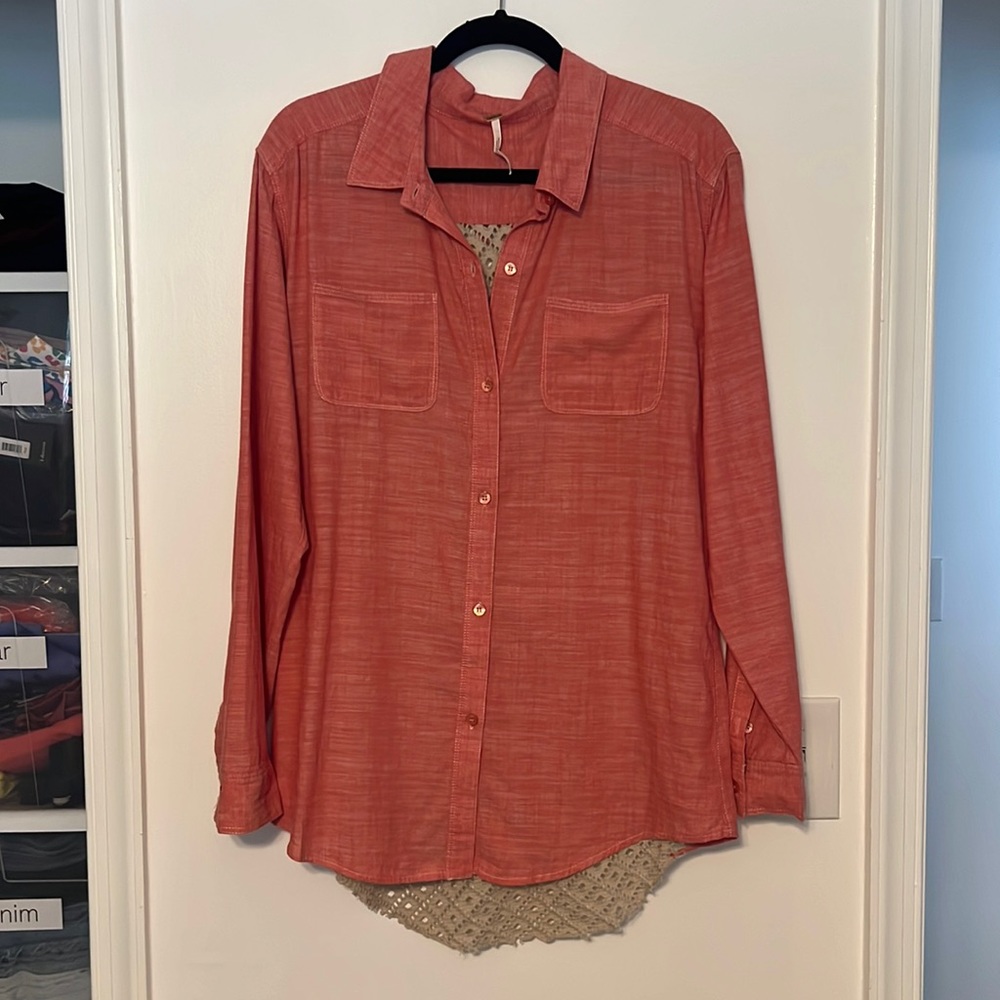 Free People Slubby Road Trip Lace Crochet Back Button Down Shirt